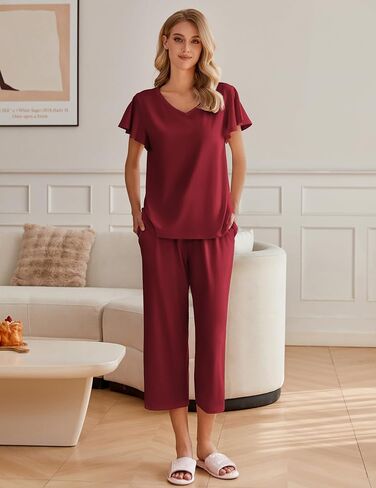Ekouaer Womens Cotton Pajamas مجموعات قمم قصيرة الأكمام و Capri Pants ملابس النوم مع جيوب in Saudi Arabia