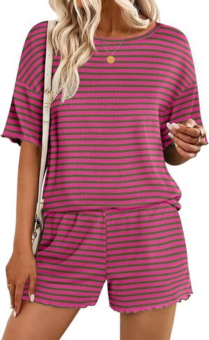مجموعات صالة Ekouaer للنساء Waffle Knit Pajama مجموعة شورتان 2 قطعة مطابقة ملابس الصيف مع جيوب in Kuwait