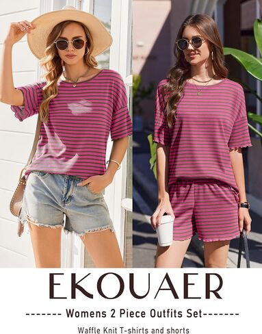 مجموعات صالة Ekouaer للنساء Waffle Knit Pajama مجموعة شورتان 2 قطعة مطابقة ملابس الصيف مع جيوب in Kuwait