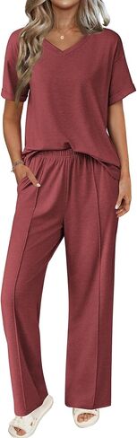Ekouaer Pajamas for Women Set 2 Piece Short Sleeve Tops with Long Pants V Neck Soft Pjs Casual Lounge Set with Pockets in Saudi Arabia