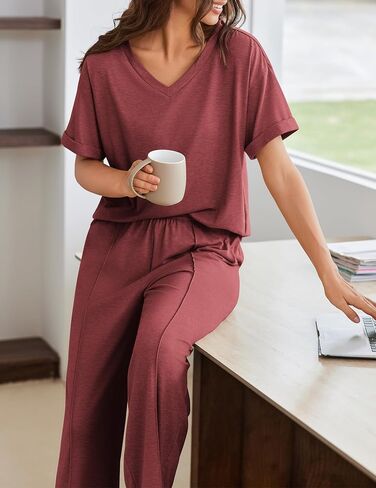 Ekouaer Pajamas for Women Set 2 Piece Short Sleeve Tops with Long Pants V Neck Soft Pjs Casual Lounge Set with Pockets in Saudi Arabia