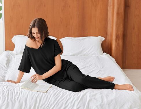 بيجامات Ekouaer للنساء مجموعة 2 قطعة قصيرة الأكمام مع السراويل الطويلة ضد الرقبة ناعمة PJS صالة عرضية مع جيوب in Kuwait