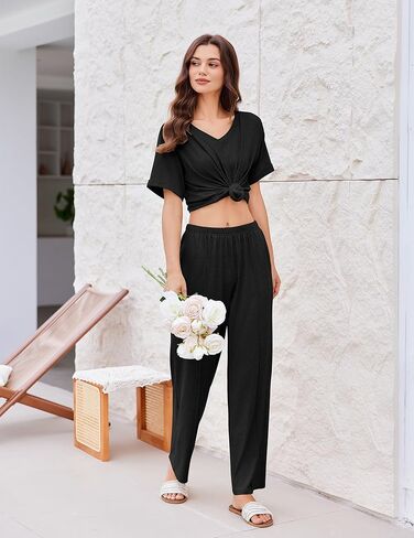 بيجامات Ekouaer للنساء مجموعة 2 قطعة قصيرة الأكمام مع السراويل الطويلة ضد الرقبة ناعمة PJS صالة عرضية مع جيوب in Kuwait