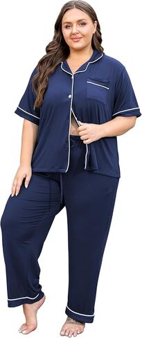 Vozanet Women's Plus Size Pajamas Button Down Shirt and Pants Soft Lounge Sets Bride Nighty Bottom with Pockets 1x to 5x in Kuwait