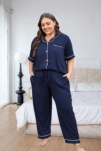 Vozanet Women's Plus Size Pajamas Button Down Shirt and Pants Soft Lounge Sets Bride Nighty Bottom with Pockets 1x to 5x in Kuwait