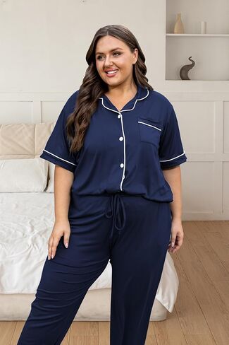 Vozanet Women's Plus Size Pajamas Button Down Shirt and Pants Soft Lounge Sets Bride Nighty Bottom with Pockets 1x to 5x in Kuwait
