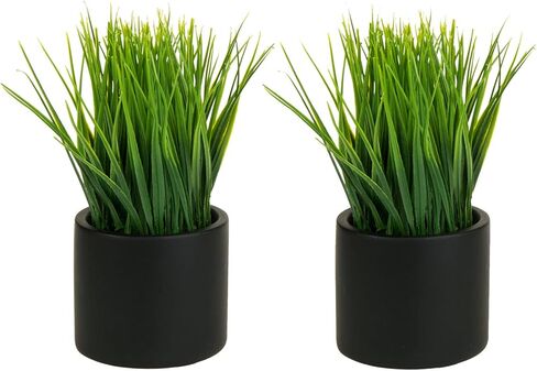 MyGift 9 Inch Tall Mini Artificial Green Grass Plants in Ribbed Gray Concrete Cube Planters, Tabletop Faux Greenery Square Cement Pots Centerpiece Décor, Set of 2 in Saudi Arabia