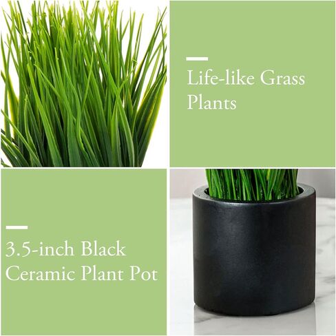 MyGift 9 Inch Tall Mini Artificial Green Grass Plants in Ribbed Gray Concrete Cube Planters, Tabletop Faux Greenery Square Cement Pots Centerpiece Décor, Set of 2 in Saudi Arabia