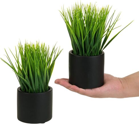 MyGift 9 Inch Tall Mini Artificial Green Grass Plants in Ribbed Gray Concrete Cube Planters, Tabletop Faux Greenery Square Cement Pots Centerpiece Décor, Set of 2 in Saudi Arabia