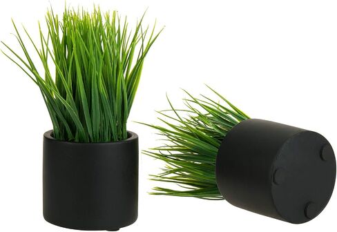 MyGift 9 Inch Tall Mini Artificial Green Grass Plants in Ribbed Gray Concrete Cube Planters, Tabletop Faux Greenery Square Cement Pots Centerpiece Décor, Set of 2 in Saudi Arabia