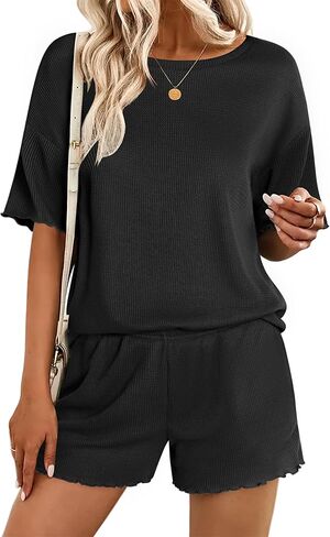 مجموعات صالة Ekouaer للنساء Waffle Knit Pajama مجموعة شورتان 2 قطعة مطابقة ملابس الصيف مع جيوب in Kuwait
