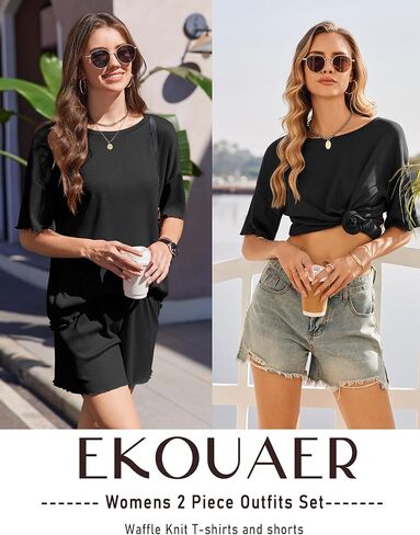 مجموعات صالة Ekouaer للنساء Waffle Knit Pajama مجموعة شورتان 2 قطعة مطابقة ملابس الصيف مع جيوب in Kuwait