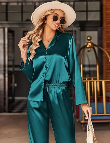 Ekouaer Silk Satin Pajamas Set Womens Long Sleepwear Button Down 2 Piece Classic Soft Loungewear Pjs Set in Saudi Arabia