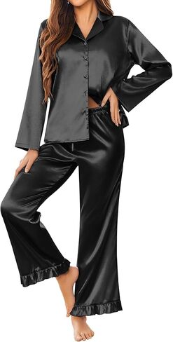 Ekouaer Silk Satin Pajamas Set Womens Long Sleepwear Button Down Down Classic Soft Loungewear PJS Set in Saudi Arabia