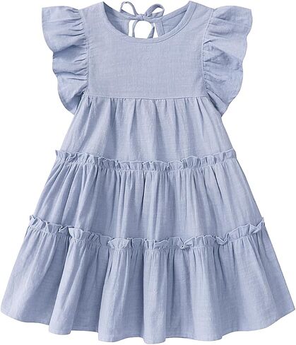 Little Girls Dresses Linen Ruffle Sleeveless Casual Dress Kids Summer Beach Clothes Sundress in Kuwait