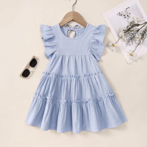 Little Girls Dresses Linen Ruffle Sleeveless Casual Dress Kids Summer Beach Clothes Sundress in Kuwait