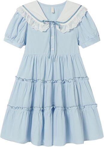 LittleSpring Girls School Uniform Dresses Peter Pan Collar Short Sleeve Dress in Saudi Arabia