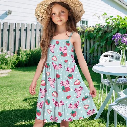 Girls Cute Spaghetti Strap Dress Tiered A-Line Pleated Summer Midi Dresses for 3-14Y in Saudi Arabia