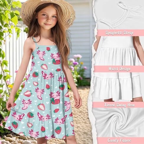 Girls Cute Spaghetti Strap Dress Tiered A-Line Pleated Summer Midi Dresses for 3-14Y in Saudi Arabia