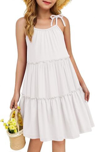 Arshiner Girl Summer Dresses Tween Boho Spaghetti Strap A-Line Swing Flowy Ruffle Tiered Sundress with Pockets in Saudi Arabia