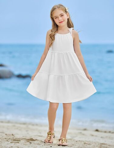 Arshiner Girl Summer Dresses Tween Boho Spaghetti Strap A-Line Swing Flowy Ruffle Tiered Sundress with Pockets in Saudi Arabia