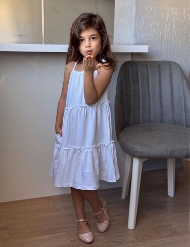 Arshiner Girl Summer Dresses Tween Boho Spaghetti Strap A-Line Swing Flowy Ruffle Tiered Sundress with Pockets in Saudi Arabia