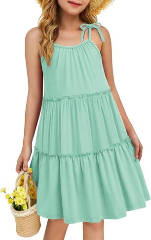 Arshiner Girl Summer Dresses Tween Boho Spaghetti Strap A-Line Swing Flowy Ruffle Tiered Sundress with Pockets in Saudi Arabia