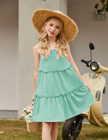 Arshiner Girl Summer Dresses Tween Boho Spaghetti Strap A-Line Swing Flowy Ruffle Tiered Sundress with Pockets in Saudi Arabia