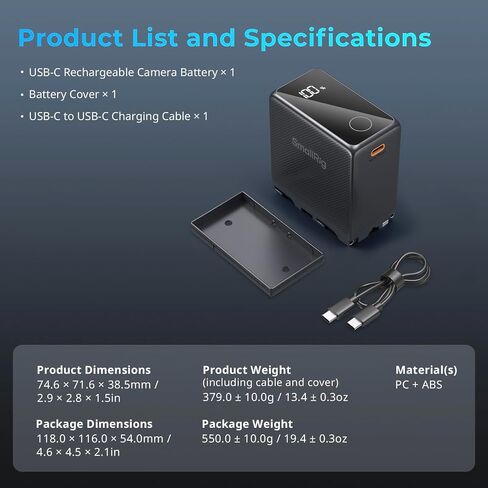 بطارية SMALLRIG NP-F970، بطارية كاميرا USB-C بقدرة 7500 مللي أمبير في الساعة، شحن سريع 2H 36W PD، تشغيل -40 درجة مئوية، مخرج مزدوج المنفذ، شاشة ذكية، لسوني A7V A7IV FX3، لكاميرا Canon R5 R6 Mark III، لكاميرا Nikon ZR Z8 in Kuwait