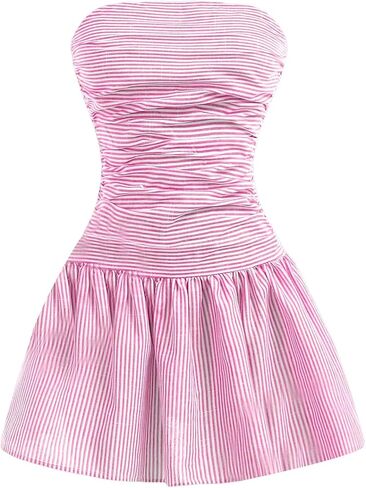 Milumia Girl's Striped Ruched Strapless Sleeveless Flared A Line Mini Tube Dresses in Saudi Arabia