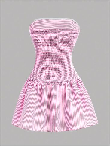 Milumia Girl's Striped Ruched Strapless Sleeveless Flared A Line Mini Tube Dresses in Saudi Arabia