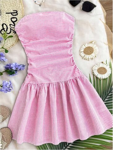 Milumia Girl's Striped Ruched Strapless Sleeveless Flared A Line Mini Tube Dresses in Saudi Arabia
