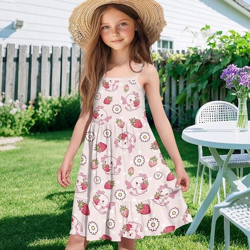 Girls Cute Spaghetti Strap Dress Tiered A-Line Pleated Summer Midi Dresses for 3-14Y in Saudi Arabia