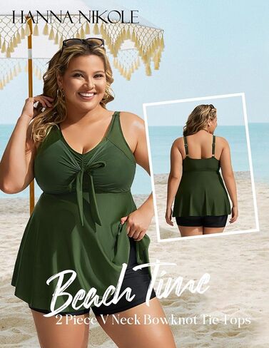 Hanna Nikole Womens Plus Size Tankini Swimsuit v رقبة ربطة عنق التفاف قمم السباحة المتدفق مع سروال الصبي بدلة السباحة in Saudi Arabia