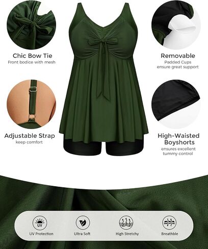 Hanna Nikole Womens Plus Size Tankini Swimsuit v رقبة ربطة عنق التفاف قمم السباحة المتدفق مع سروال الصبي بدلة السباحة in Saudi Arabia