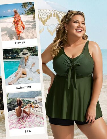 Hanna Nikole Womens Plus Size Tankini Swimsuit v رقبة ربطة عنق التفاف قمم السباحة المتدفق مع سروال الصبي بدلة السباحة in Saudi Arabia