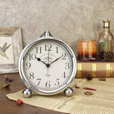 JUSTUP Vintage Table Clock, Iron European Style Desk Clock Battery Operated Non-Ticking Mantle Clock for Home Decor (Silver) in Kuwait