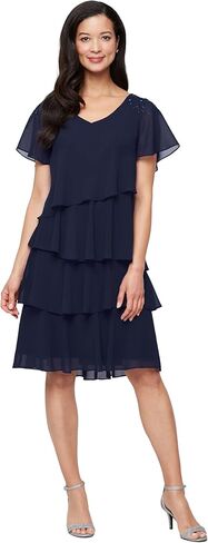 S.L. Fashions Women's V-Neck Chiffon Cocktail Dress with Beaded Shoulders and Asymmetrical Tiers (Petite and Regular Sizes) in Saudi Arabia