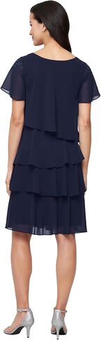 S.L. Fashions Women's V-Neck Chiffon Cocktail Dress with Beaded Shoulders and Asymmetrical Tiers (Petite and Regular Sizes) in Saudi Arabia