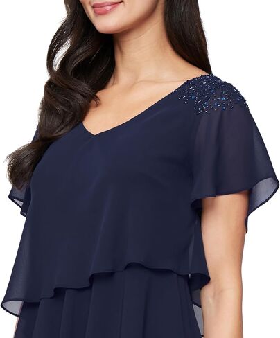 S.L. Fashions Women's V-Neck Chiffon Cocktail Dress with Beaded Shoulders and Asymmetrical Tiers (Petite and Regular Sizes) in Saudi Arabia