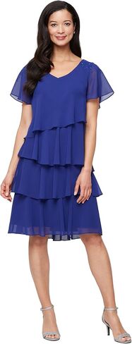 S.L. Fashions Women's V-Neck Chiffon Cocktail Dress with Beaded Shoulders and Asymmetrical Tiers (Petite and Regular Sizes) in Saudi Arabia