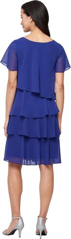 S.L. Fashions Women's V-Neck Chiffon Cocktail Dress with Beaded Shoulders and Asymmetrical Tiers (Petite and Regular Sizes) in Saudi Arabia