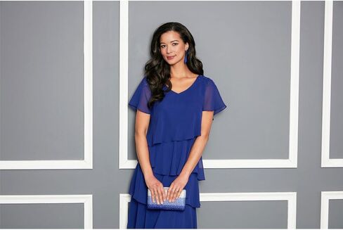 S.L. Fashions Women's V-Neck Chiffon Cocktail Dress with Beaded Shoulders and Asymmetrical Tiers (Petite and Regular Sizes) in Saudi Arabia