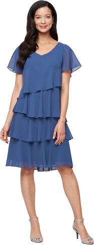 S.L. Fashions Women's V-Neck Chiffon Cocktail Dress with Beaded Shoulders and Asymmetrical Tiers (Petite and Regular Sizes) in Saudi Arabia