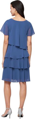 S.L. Fashions Women's V-Neck Chiffon Cocktail Dress with Beaded Shoulders and Asymmetrical Tiers (Petite and Regular Sizes) in Saudi Arabia