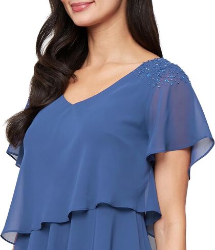 S.L. Fashions Women's V-Neck Chiffon Cocktail Dress with Beaded Shoulders and Asymmetrical Tiers (Petite and Regular Sizes) in Saudi Arabia
