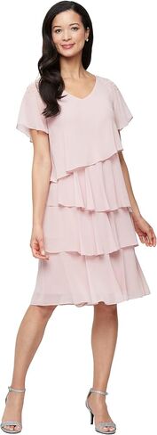 S.L. Fashions Women's V-Neck Chiffon Cocktail Dress with Beaded Shoulders and Asymmetrical Tiers (Petite and Regular Sizes) in Saudi Arabia