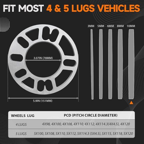 4 Pack Universal Wheel Spacers, 0.39" (10 mm) Thick Die Cast Replacement Wheel Spacer for 4 & 5 Lugs Wheels/Rims, Aluminum Wheel Accessories Parts, Fits 98 to 120mm Multiple Bolts Pattern in Kuwait