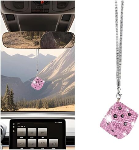 Bling Car Rear View Mirror Pendant, Creative Rhinestone Vehicle Hanging Dice Charms with Dots, Diamond Automotive Interior Rearview Swinging Ornament Accessories, Universal Fit (Pink) in Saudi Arabia