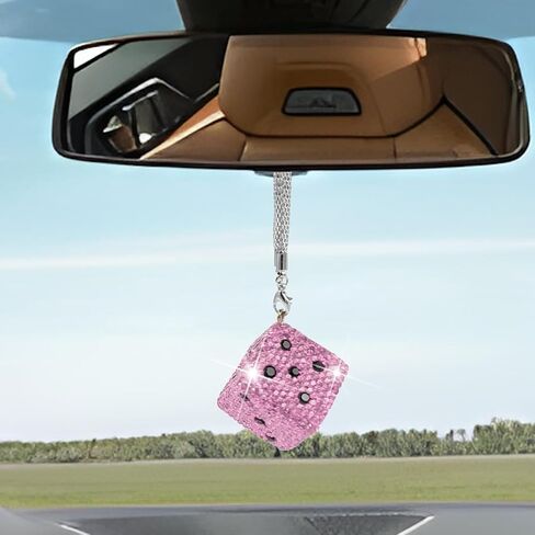 Bling Car Rear View Mirror Pendant, Creative Rhinestone Vehicle Hanging Dice Charms with Dots, Diamond Automotive Interior Rearview Swinging Ornament Accessories, Universal Fit (Pink) in Saudi Arabia